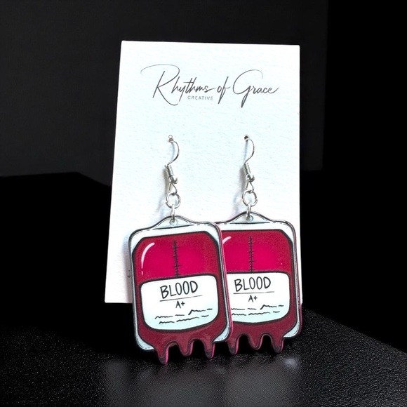 Blood Bag Dangle Earrings - Quirky & Unique Statement Jewelry for Medical Staff - Picture 4 of 9